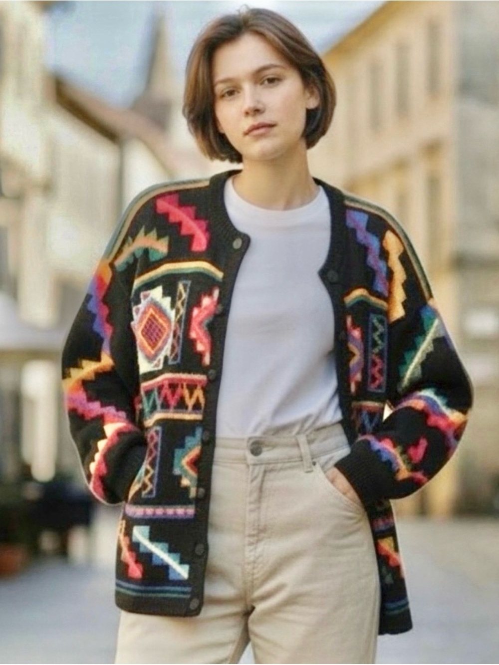Earth Tones Santa Fe Hand Knit Black Multicolor Southwestern Cardigan size XL